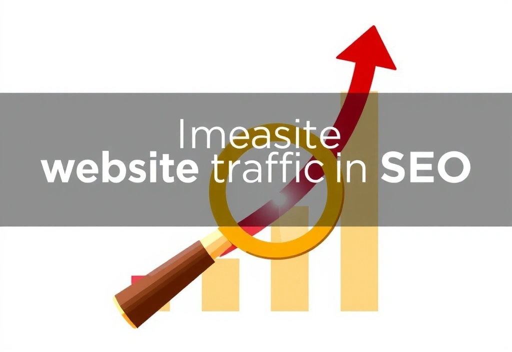 Grafic stilizat care arată creșterea traficului web datorită SEO, cu o lupă și simboluri de creștere