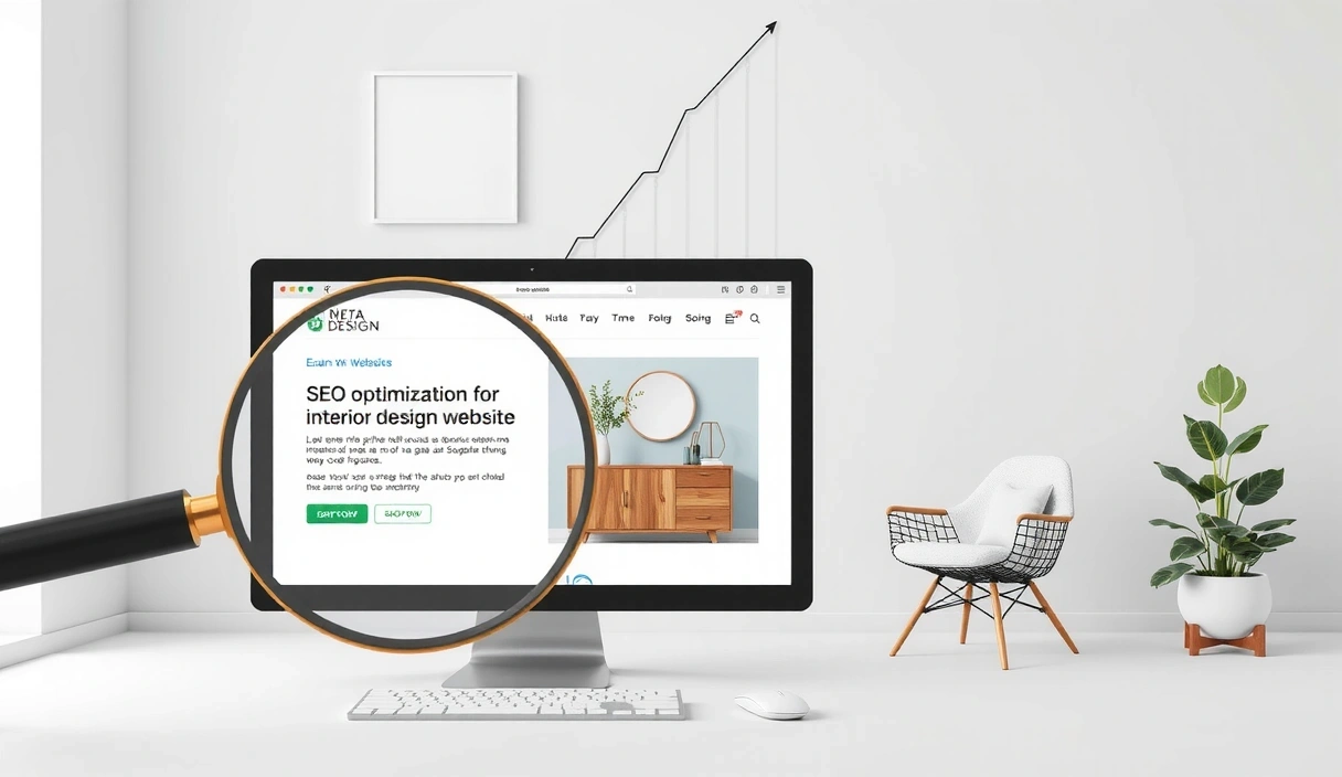 Imagine principală a articolului despre optimizarea SEO pentru site-uri de design interior, cu elemente grafice care sugerează analiză și creștere digitală