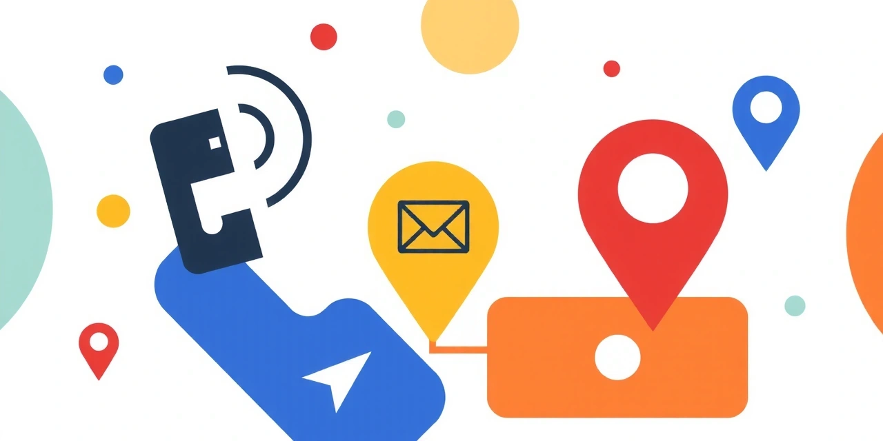 Imagine conceptuală cu diverse metode de contact: telefon, email, hartă, simboluri de comunicare