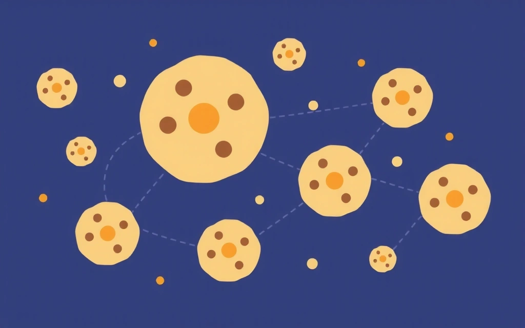 Ilustrație abstractă cu simboluri de cookie-uri și date digitale, reprezentând securitatea și confidențialitatea online.