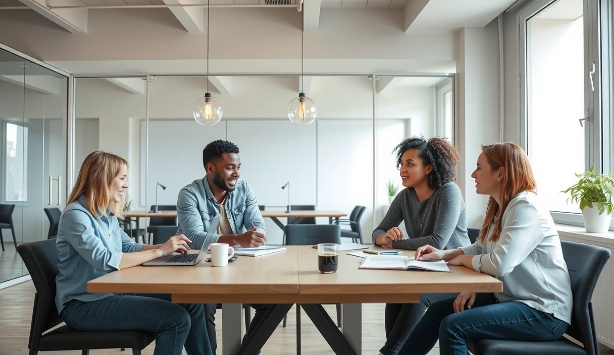 Echipa designcube în colaborare într-un birou modern și luminos, discutând idei creative