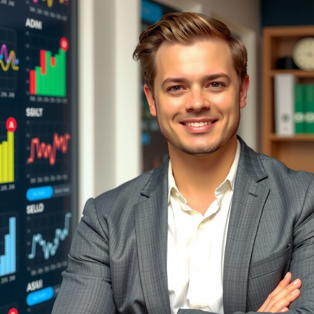 Portret profesional al unui specialist în marketing digital, un bărbat cu o expresie încrezătoare și strategică