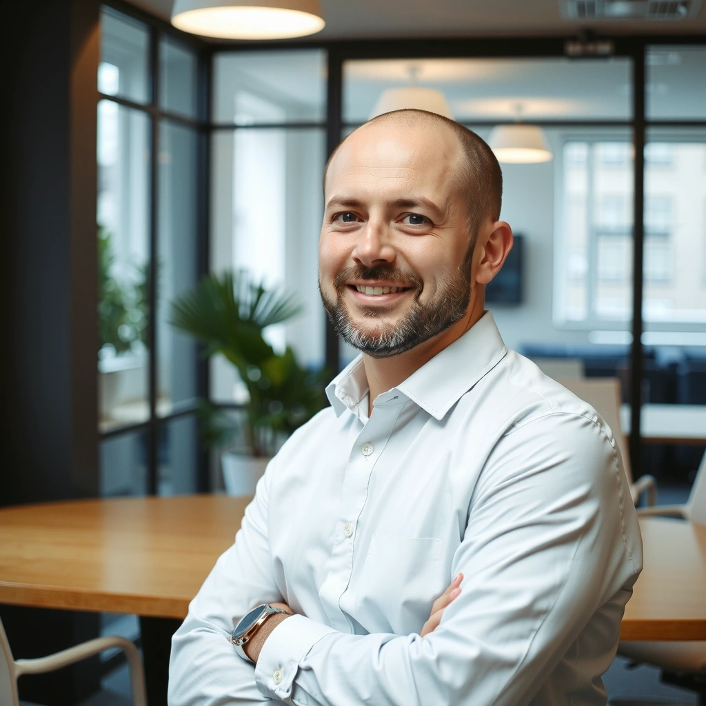 Portret profesional al unui designer UX/UI, un bărbat cu o expresie prietenoasă și inteligentă