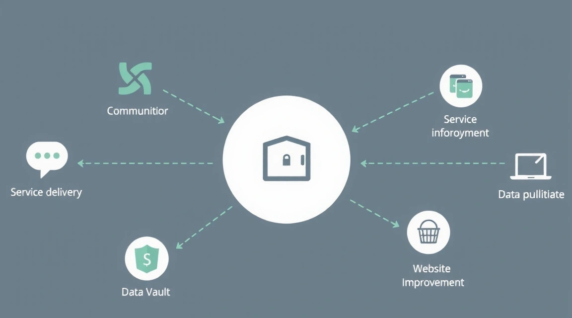 Ilustrație vizuală a unui proces de utilizare a datelor, cu legături clare și securizate între etape.