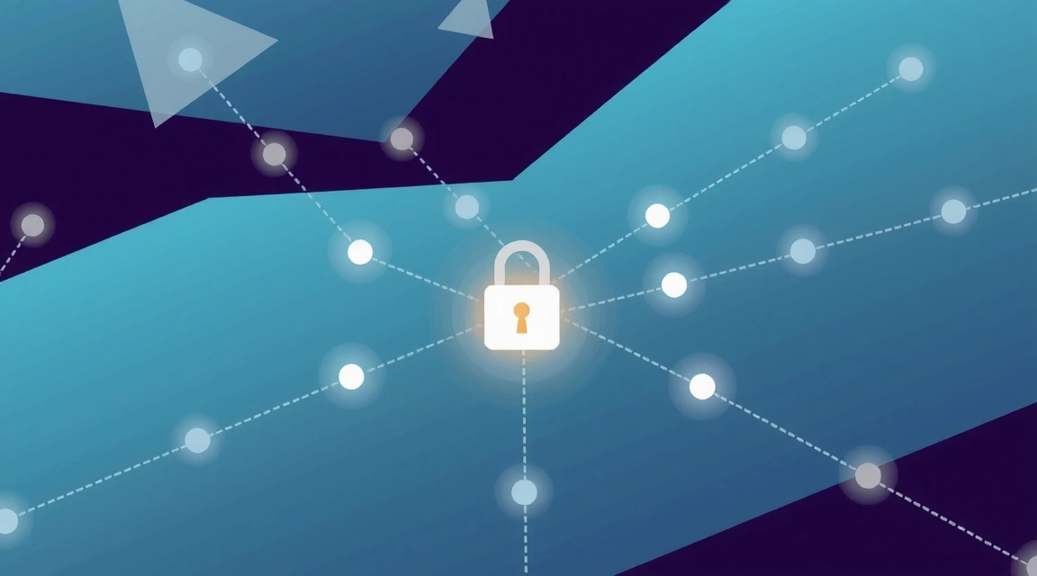 Ilustrație abstractă cu elemente de securitate cibernetică și confidențialitate, reprezentând fluxul de date protejat.