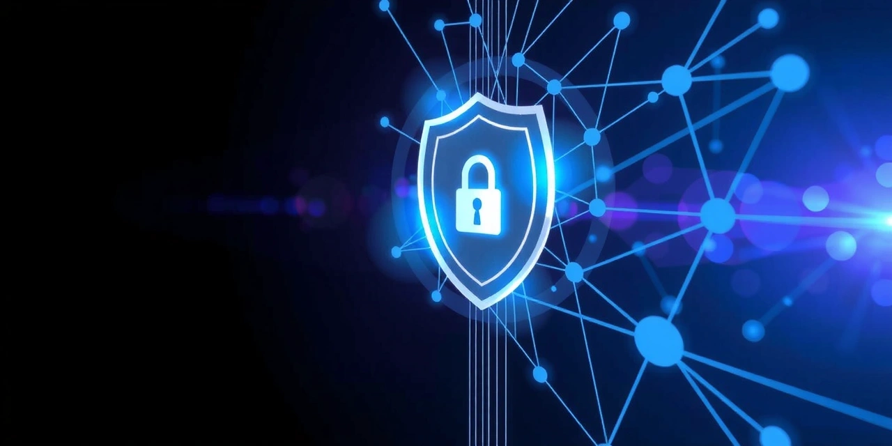 Ilustrație concept de politică de confidențialitate cu un scut și un lacăt digital, simbolizând protecția datelor