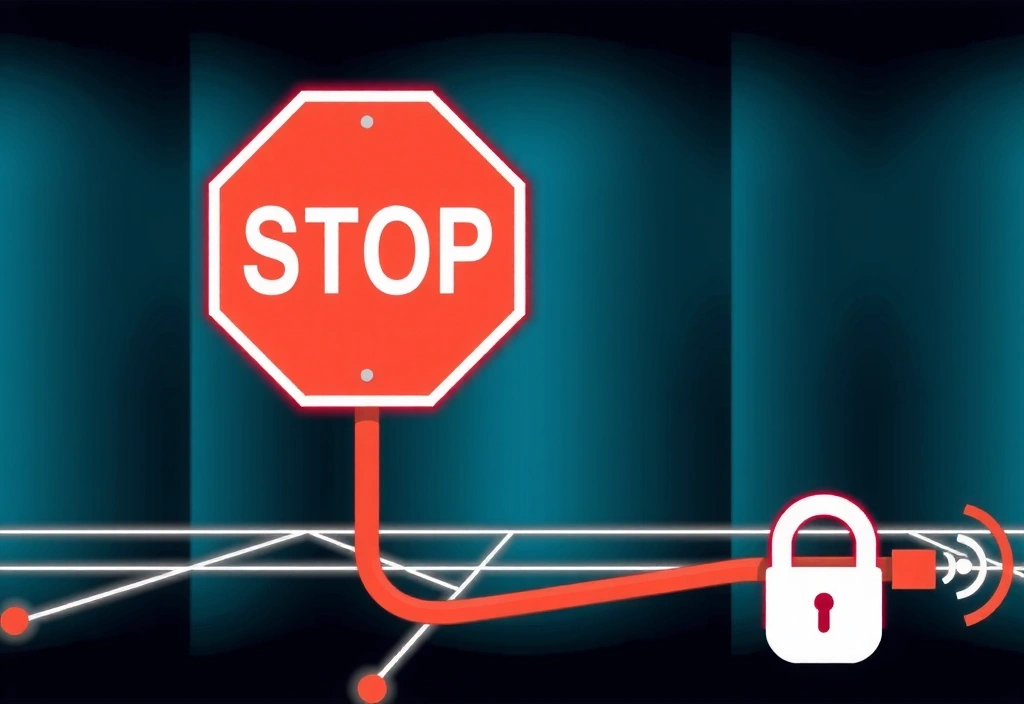 Ilustrație cu un semn de oprire digital și un utilizator care este deconectat, simbolizând încetarea accesului.