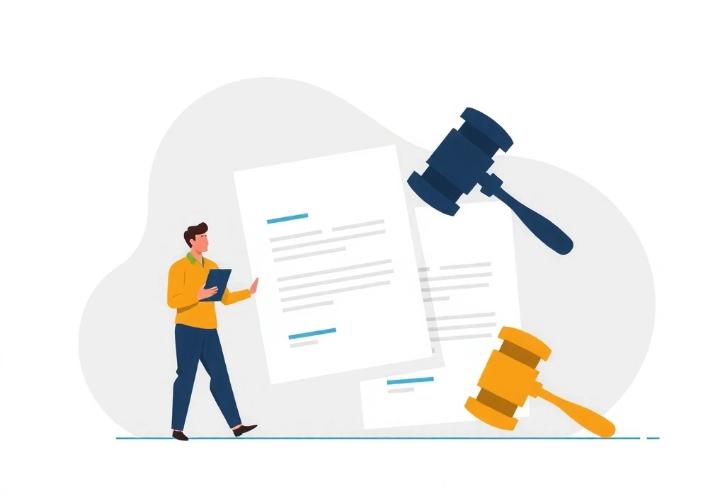 Ilustrație abstractă a unor documente legale și contracte, simbolizând termenii și condițiile.