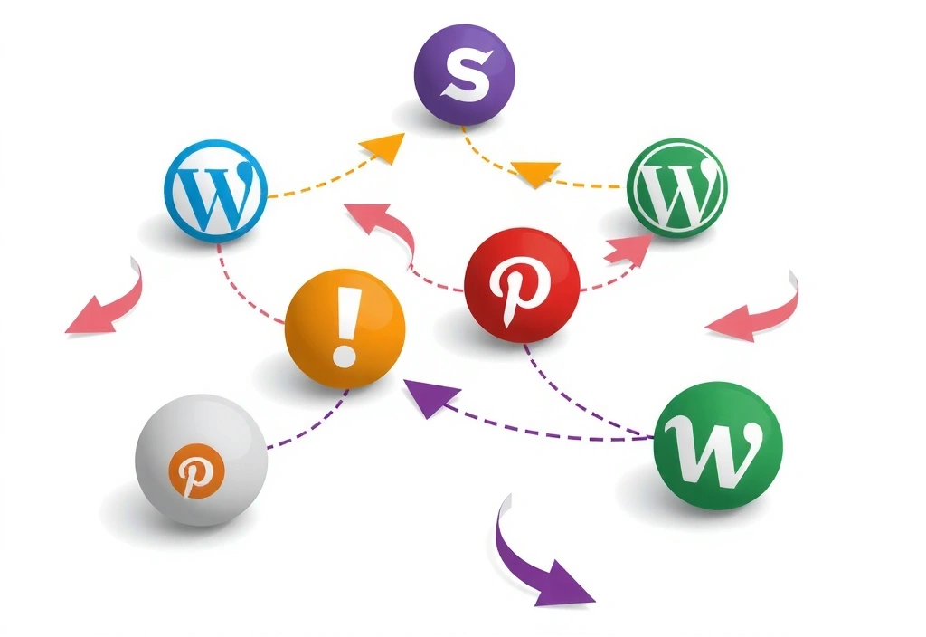 Ilustrație cu săgeți care leagă diferite site-uri web, reprezentând link-uri externe și interconectivitate.