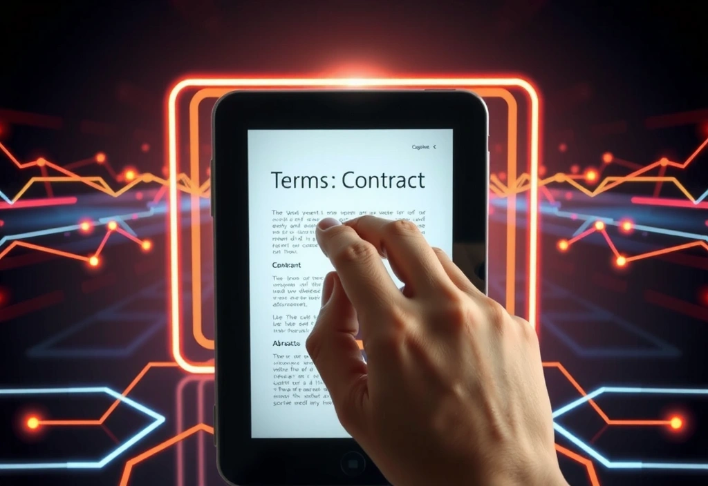 Mână semnând un document virtual, reprezentând acordul utilizatorului cu termenii de utilizare.